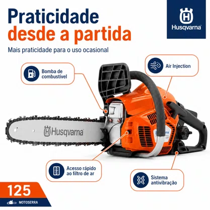 Motosserra Husqvarna 125 Gasolina 40cc 2,04HP Sabre 16 Pol Semi-Profissional