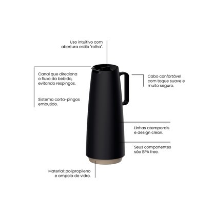 Bule Térmico Exata Polipropileno Preto com Ampola de Vidro Tramontina 1 Litro 61636/103