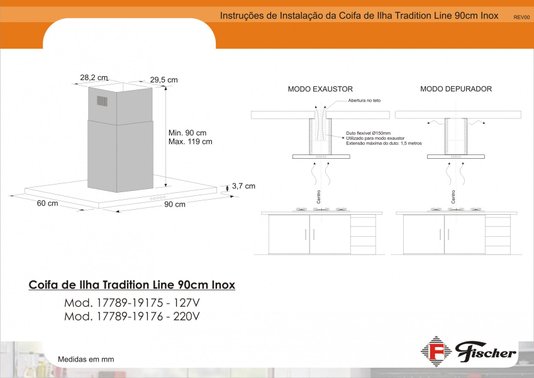 Coifa de Ilha Inox Tradition Line Fischer 90cm