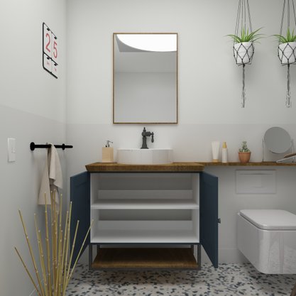 Conjunto de Balcão de Banheiro Nordic Petróleo com Ipê com Cuba Mazzu 80cm