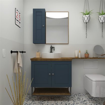 Conjunto de Balcão de Banheiro Nordic Petróleo com Ipê com Cuba Mazzu 80cm