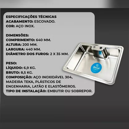 Cuba de Sobrepor ou Embutir Retangular Massima com Acessorios e Lixeira Docol 68x48   01611616