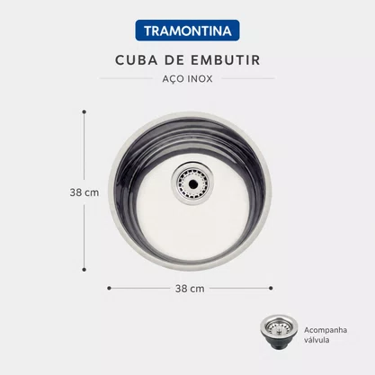 Cuba Inox de Embutir 38x38 Bl + Válvula Tramontina