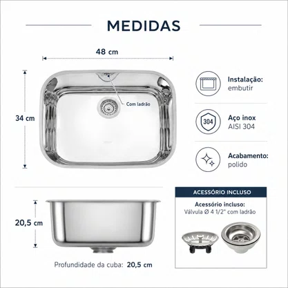 Cuba Inox de Embutir 48x34 Lavinia Com ladrão + Válvula Tramontina