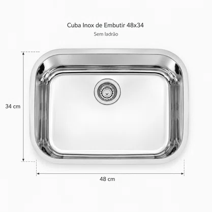 Cuba Inox de Embutir 48x34 Lavinia Sem ladrão + Válvula Tramontina