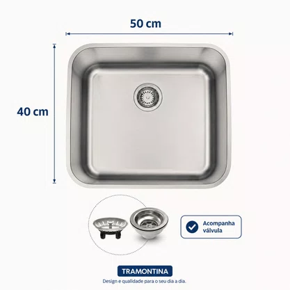 Cuba Inox de Embutir 50x40 Dora Escovada + Válvula Tramontina
