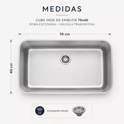 Cuba Inox de Embutir 70x40 Dora Escovada + Válvula Tramontina
