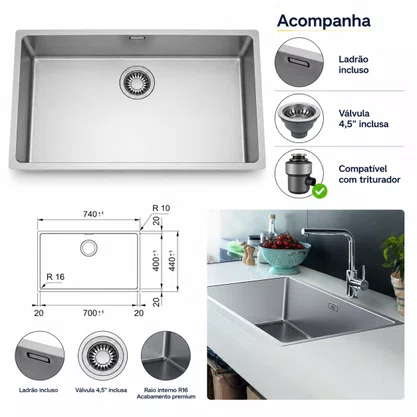 Cuba Inox de Embutir 70x40 Linea Bowl + Válvula Franke