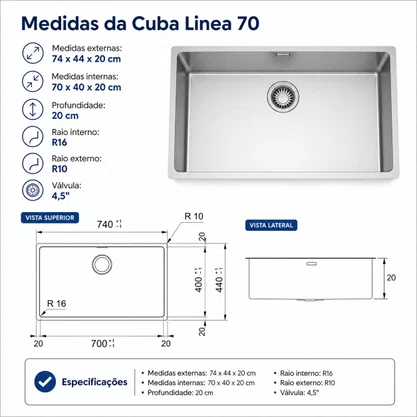 Cuba Inox de Embutir 70x40 Linea Bowl + Válvula Franke