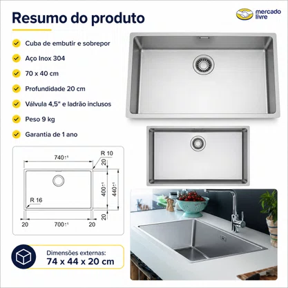 Cuba Inox de Embutir 70x40 Linea Bowl + Válvula Franke