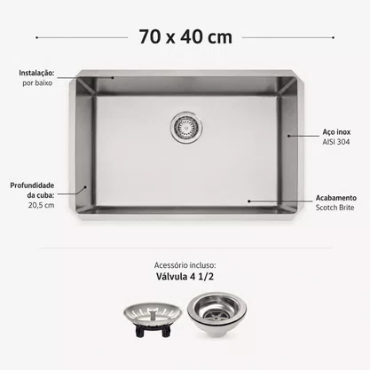 Cuba Inox de Embutir 70x40 Quadrum Undermount + Válvula Tramontina