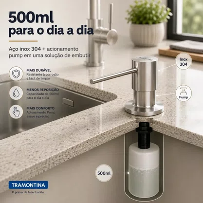 Dosador de Sabão Tramontina Inox 500ml com Recipiente Plástico 94517/004