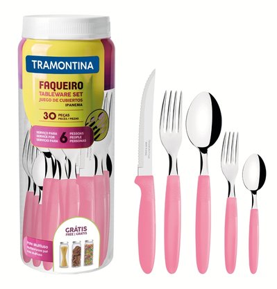 Faqueiro Ipanema Lâmina Aço Inox e Cabo Rosa com Pote Plástico Tramontina 30 Peças 23398/488