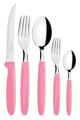 Faqueiro Ipanema Lâmina Aço Inox e Cabo Rosa com Pote Plástico Tramontina 30 Peças 23398/488