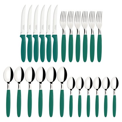 Faqueiro Ipanema Lâmina Aço Inox e Cabo Verde Esmeralda com Pote Plástico Tramontina 24 Peças 23399/091