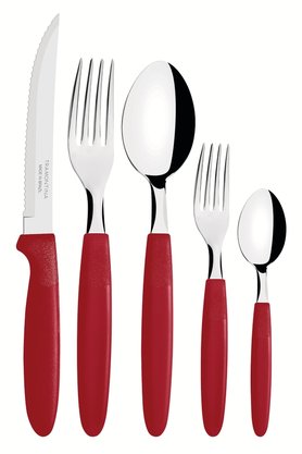 Faqueiro Ipanema Lâmina Aço Inox e Cabo Vermelho com Pote Plástico Tramontina 30 Peças 23398/788