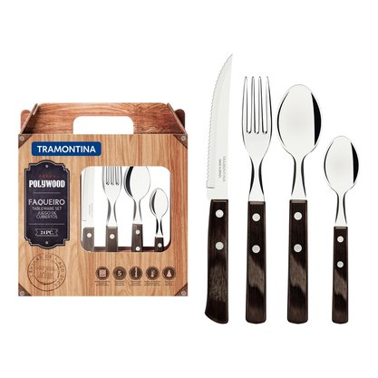 Faqueiro Polywood com Lâminas em Aço Inox e Cabos de Madeira Castanho Tramontina 24 Peças 21199905