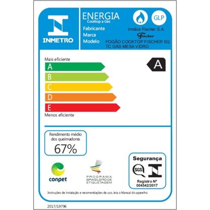 Fogão Cooktop a Gás 5 Queimadores com Mesa de Vidro Tripla Chama Fischer