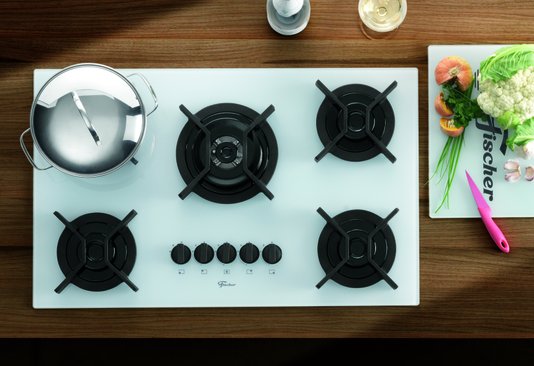 Fogão Cooktop a Gás Infinity 5 Queimadores com Mesa de Vidro Branco Tripla Chama Fischer