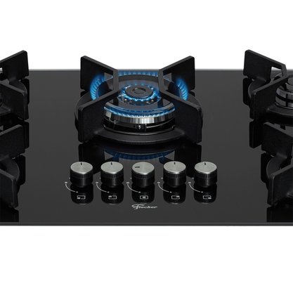 Fogão Cooktop a Gás Infinity 5 queimadores com Mesa de Vidro Preto Tripla Chama Fischer