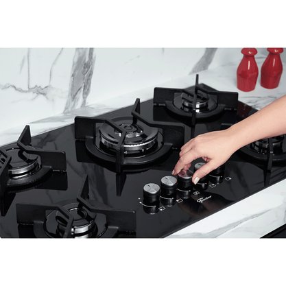Fogão Cooktop a Gás Infinity 5 queimadores com Mesa de Vidro Preto Tripla Chama Fischer