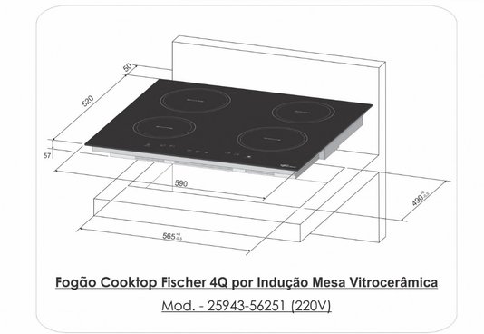 Fogão Cooktop por Indução com Mesa Vitrocerâmica 4 Queimadores Fischer