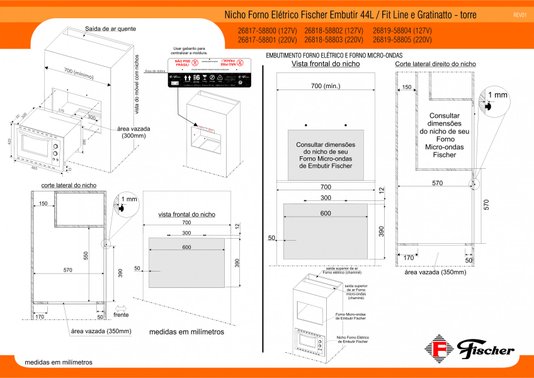 Forno Elétrico de Embutir Fit Line Frontal Inox Fischer 44 litros