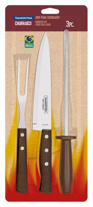 Jogo Churrasco Aço Inox com Cabo Marrom Madeira e Polipropileno Tramontina 3 Peças 22299/055