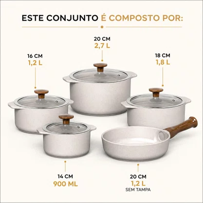 Jogo de Panelas de Cerâmica 5 Peças Slim Vanilla Ceraflame