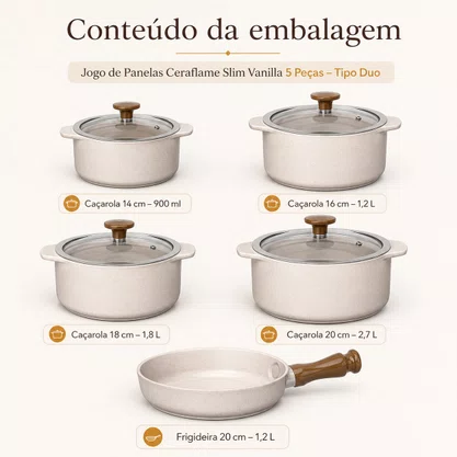 Jogo de Panelas de Cerâmica 5 Peças Slim Vanilla Ceraflame