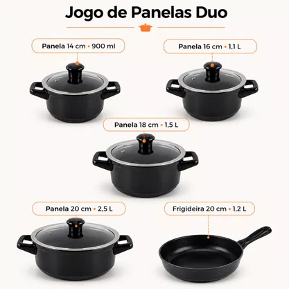 Jogo de Panelas de Cerâmica 5 Peças Duo Smart Preto Ceraflame