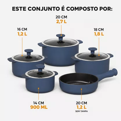 Jogo de Panelas de Cerâmica 5 Peças Slim Azul Indigo Ceraflame