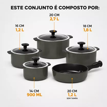 Jogo de Panelas de Cerâmica 5 Peças Slim Onix Gray Ceraflame