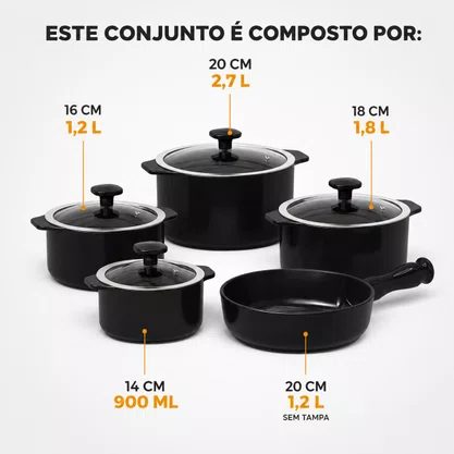 Jogo de Panelas de Cerâmica 5 Peças Slim Preto Ceraflame