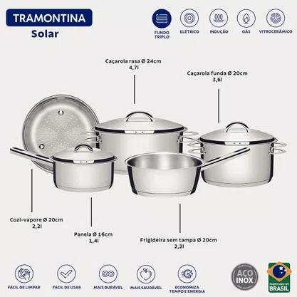 Jogo de Panelas Tramontina Solar em Aço Inox com Fundo Triplo e Tampas de Inox 5 Peças