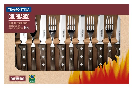 Jogo de Talheres Churrasco Lâminas Aço Inox e Cabos de Madeira Polywood Castanho Tramontina 12 Peças 21198/976