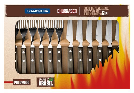 Jogo de Talheres para Churrasco Aço Inox com Cabo Castanho Polywood Tramontina 12 Peças 21199/909