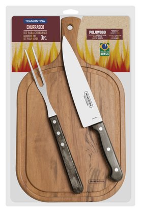 Jogo para Churrasco Aço Inox Cabo Castanho Polywood com Tábua de Madeira  Tramontina 3 Peças 21198/914