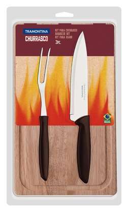 Jogo para Churrasco Plenus Lâmina Aço Inox e Cabo Marrom com Tábua de Madeira Tramontina 03 Peças 23498/458