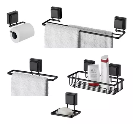 Kit Acessórios Para Banheiro Ventosa Preto Fosco 5 Peças Future
