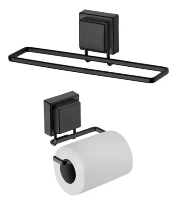 Kit Banheiro Preto Ventosa 2 Peças Toalha Rosto Porta Papel Preto Fosco