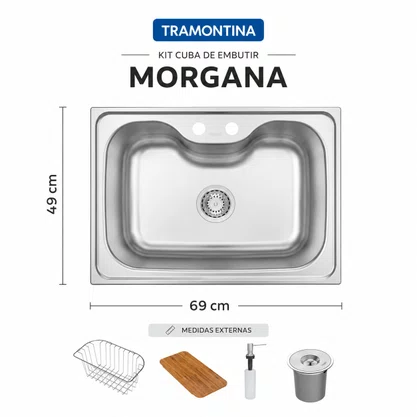 Kit Cuba Inox de Embutir 69x49 Morgana + Válvula + Lixeira + Cesto + Dosador + Tábua Tramontina