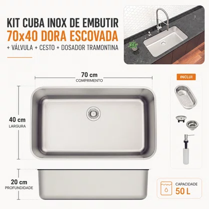 Kit Cuba Inox de Embutir 70x40 Dora Escovada + Válvula + Cesto + Dosador Tramontina