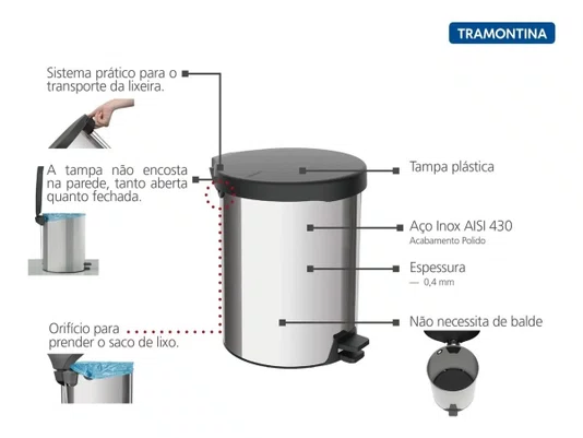 Lixeira Tramontina Inox com Pedal 12L New 94538/712