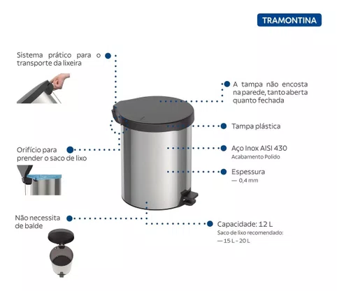 Lixeira Tramontina Inox com Pedal 12L New 94538/712