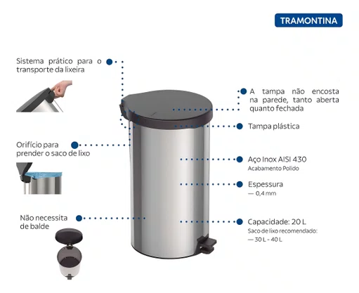 Lixeira Tramontina Inox com Pedal 20L New 94538/720