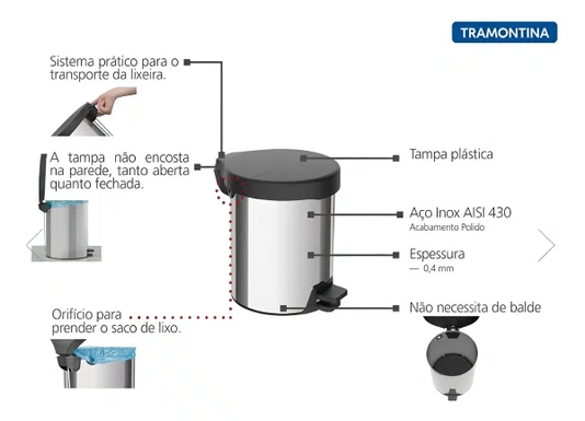 Lixeira Tramontina Inox com Pedal 5L New 94538/705