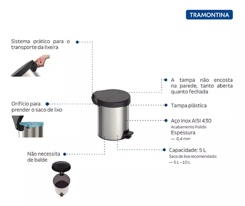 Lixeira Tramontina Inox com Pedal 5L New 94538/705