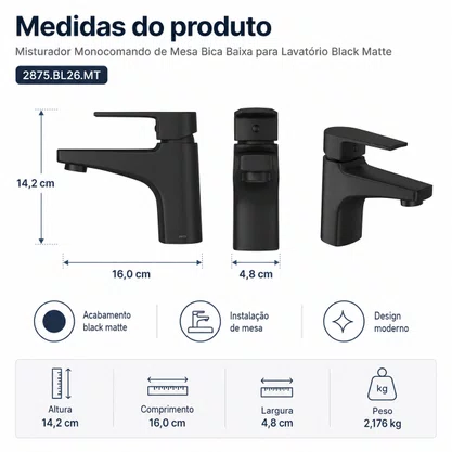 Misturador de Mesa Monocomando Bica Baixa Black Matte Deca 2875.BL26.MT