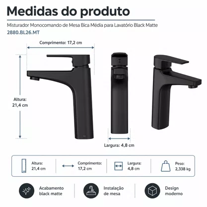 Misturador de Mesa Monocomando Bica Média Black Matte Deca 2880.BL26.MT